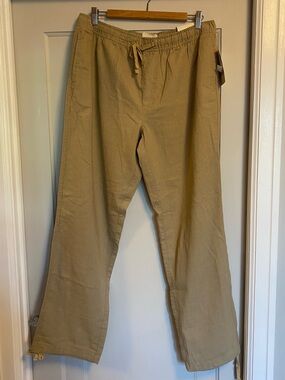 NWT Wide Leg 100% Linen Drawstring Pants in Tan Beige Size XL Quietluxury Light
